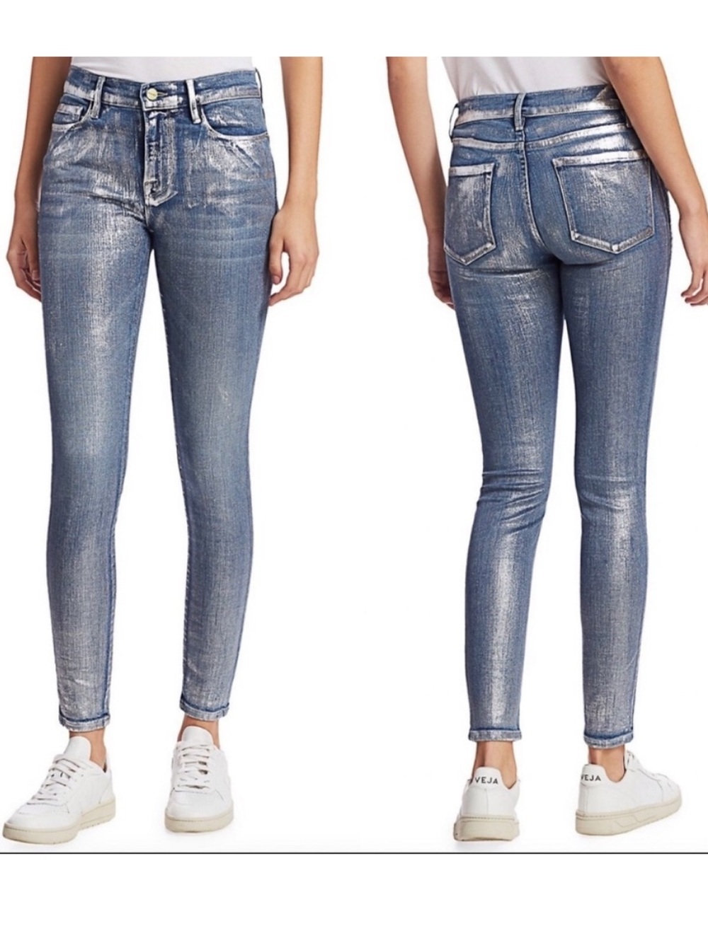 NWT Frame Le Skinny De Jeanne Silver Metallic Jeans Canon Foil Sz 27